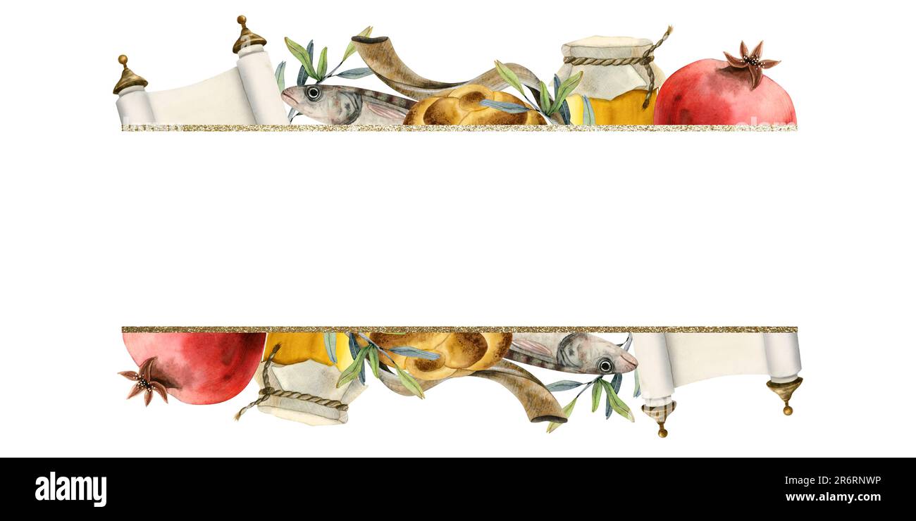 Rosh Hashanah Yom Kippur rechteckige Grußbannervorlage mit Aquarellbild für das jüdische Neujahr Stockfoto