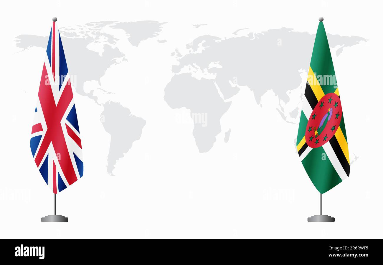 Flaggen des Vereinigten Königreichs und Dominicas für eine offizielle Tagung vor dem Hintergrund der Weltkarte. Stock Vektor