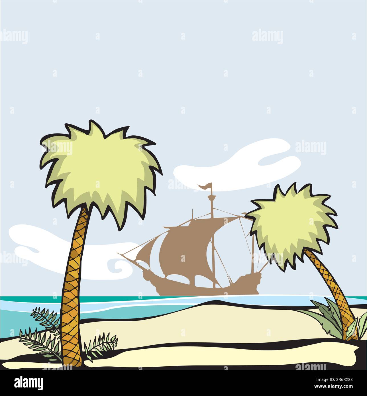 Piratenschiff vor Anker vor dem Ufer einer verlassenen Insel mit Palmen. Stock Vektor