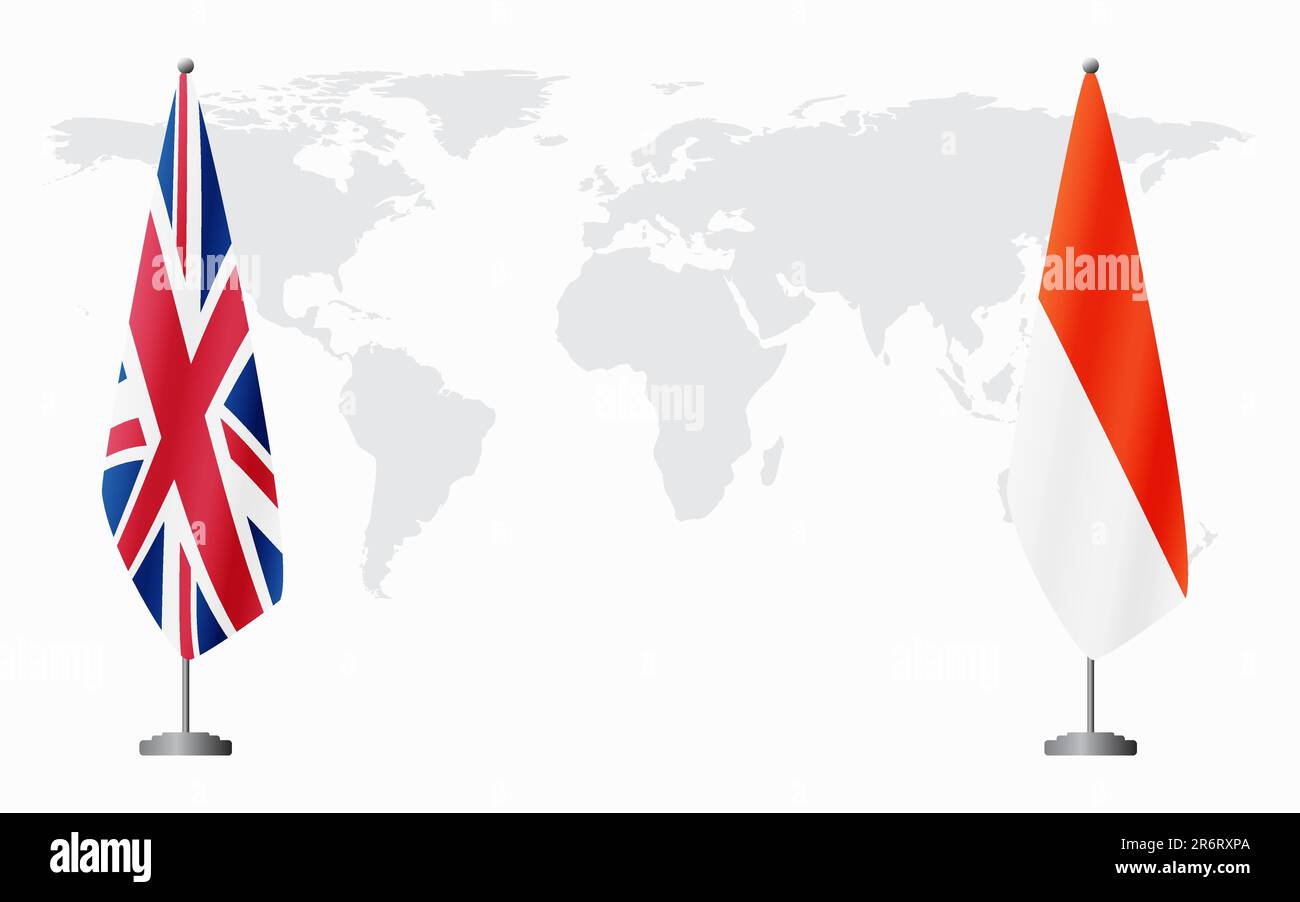 Das Vereinigte Königreich und Indonesien führen vor dem Hintergrund der Weltkarte die Flaggen für ein offizielles Treffen. Stock Vektor