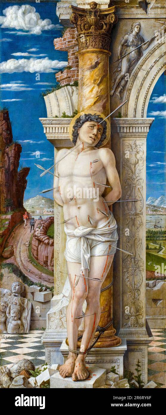 Andrea Mantegna, Heiliger Sebastian, gemalt in Öl und Tempera auf Holz, 1457-1459 Stockfoto