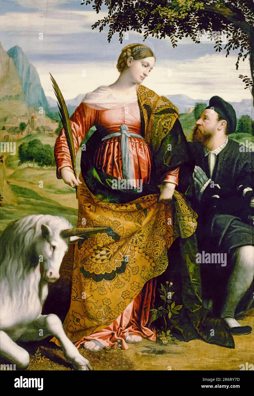 St. Justina, verehrt von einem Patron, gemalt in Öl von Alessandro Bonvicino, Moretto da Brescia, 1530-1534 Stockfoto