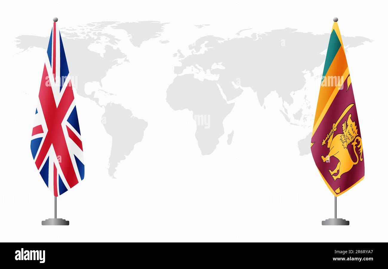 Flaggen des Vereinigten Königreichs und Sri Lankas für offizielles Treffen vor dem Hintergrund der Weltkarte. Stock Vektor