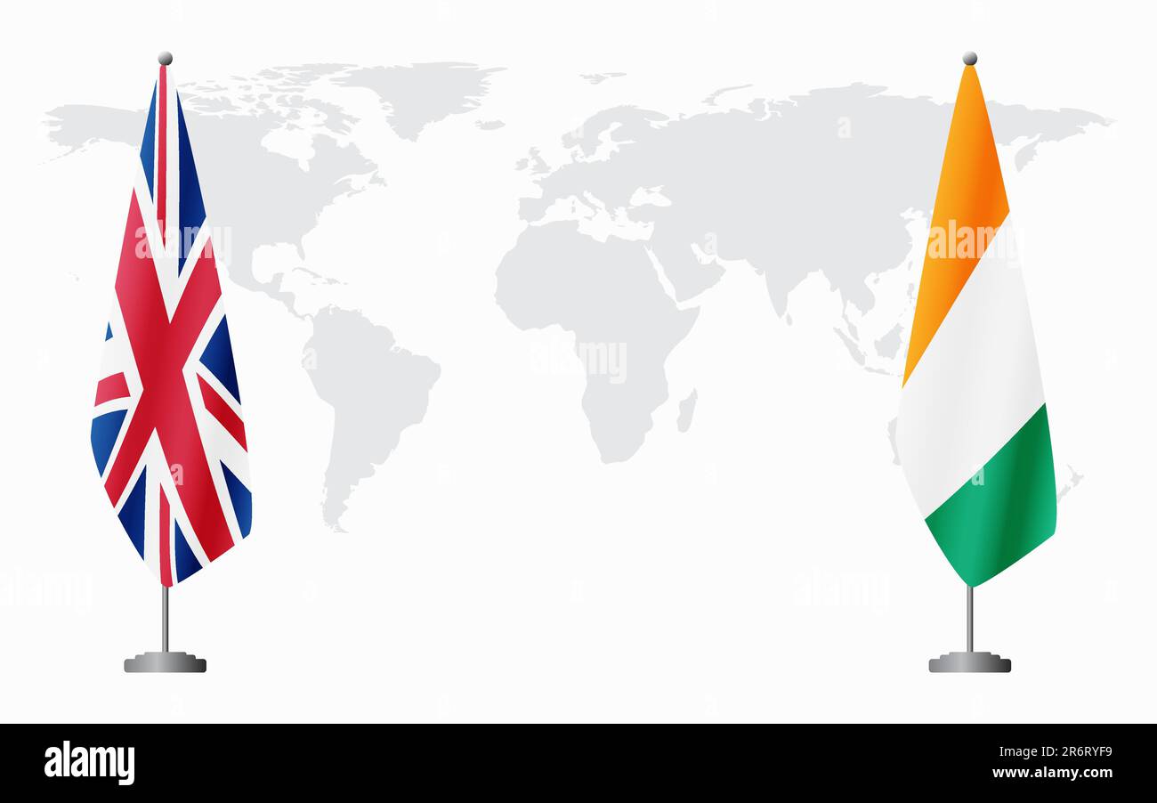 Flaggen des Vereinigten Königreichs und der Elfenbeinküste für offizielles Treffen vor dem Hintergrund der Weltkarte. Stock Vektor