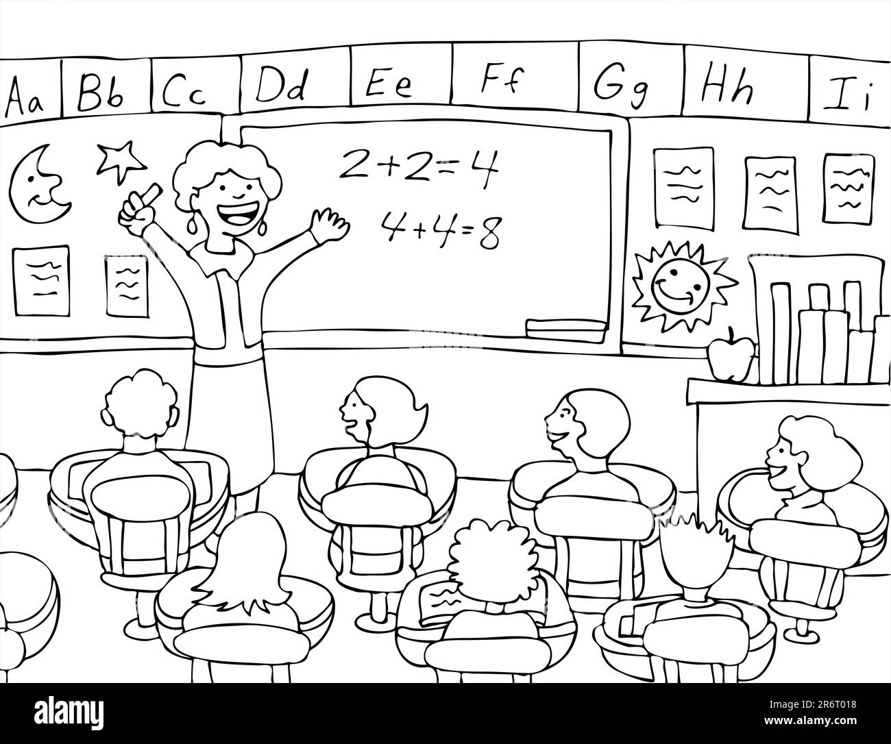 Eine Lehrerin hält ihren Grundkurs über Mathematik im Klassenzimmer - schwarz und weiß. Stock Vektor