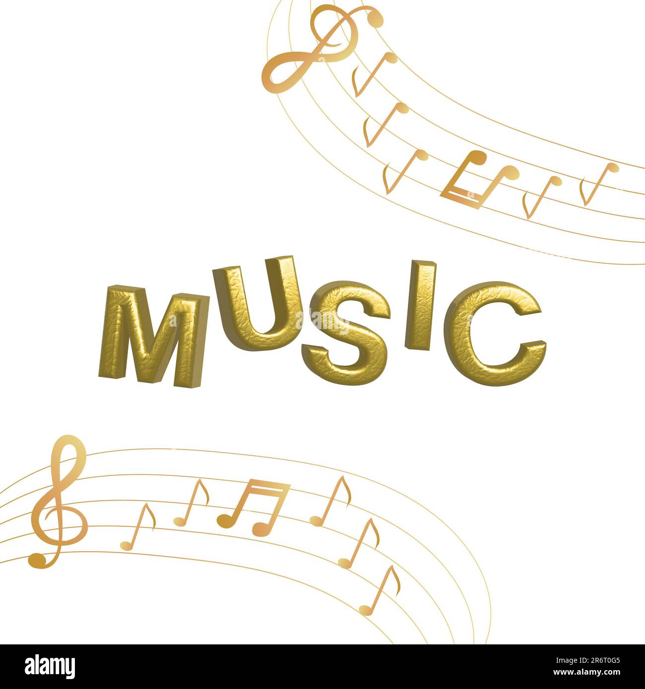 Musikalische Hintergrundmusik mit Noten und Noten und 3D-Effekten in Goldtönen Stockfoto