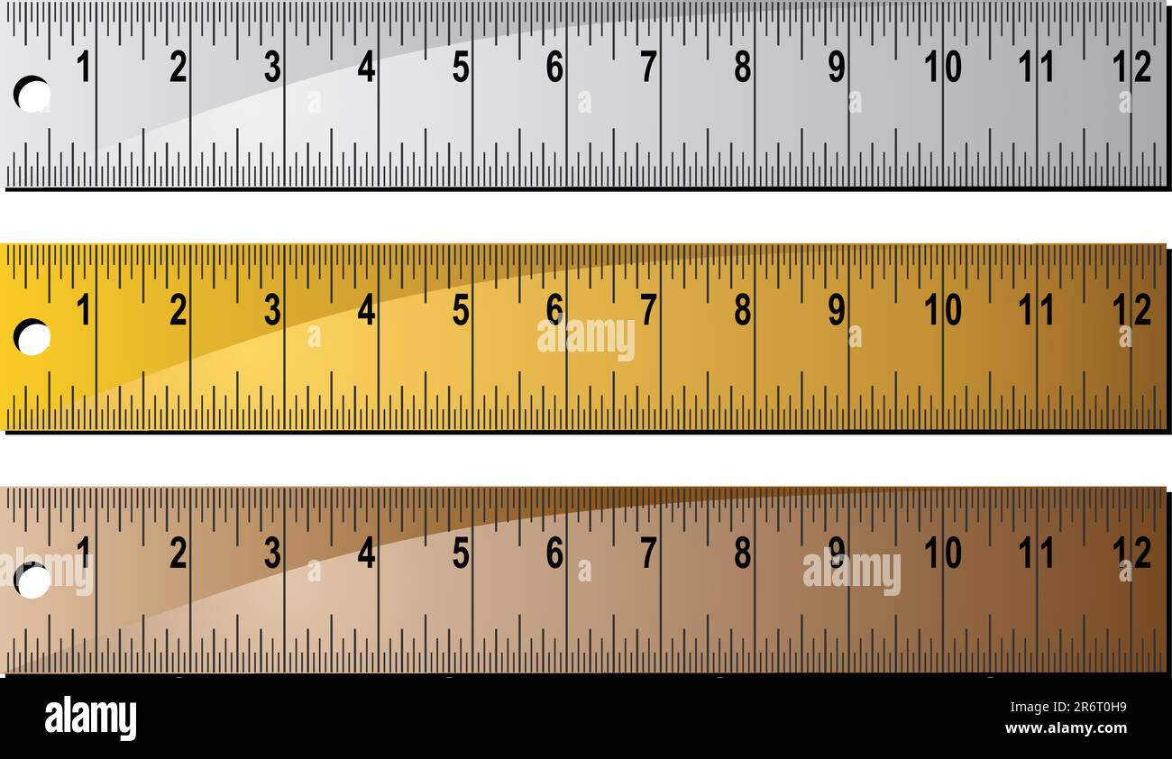 Satz mit 3 Metall/Holz-Linealen mit Lochstanze am Ende Lineale in Zoll mit Zentimeterstrichen. Stock Vektor