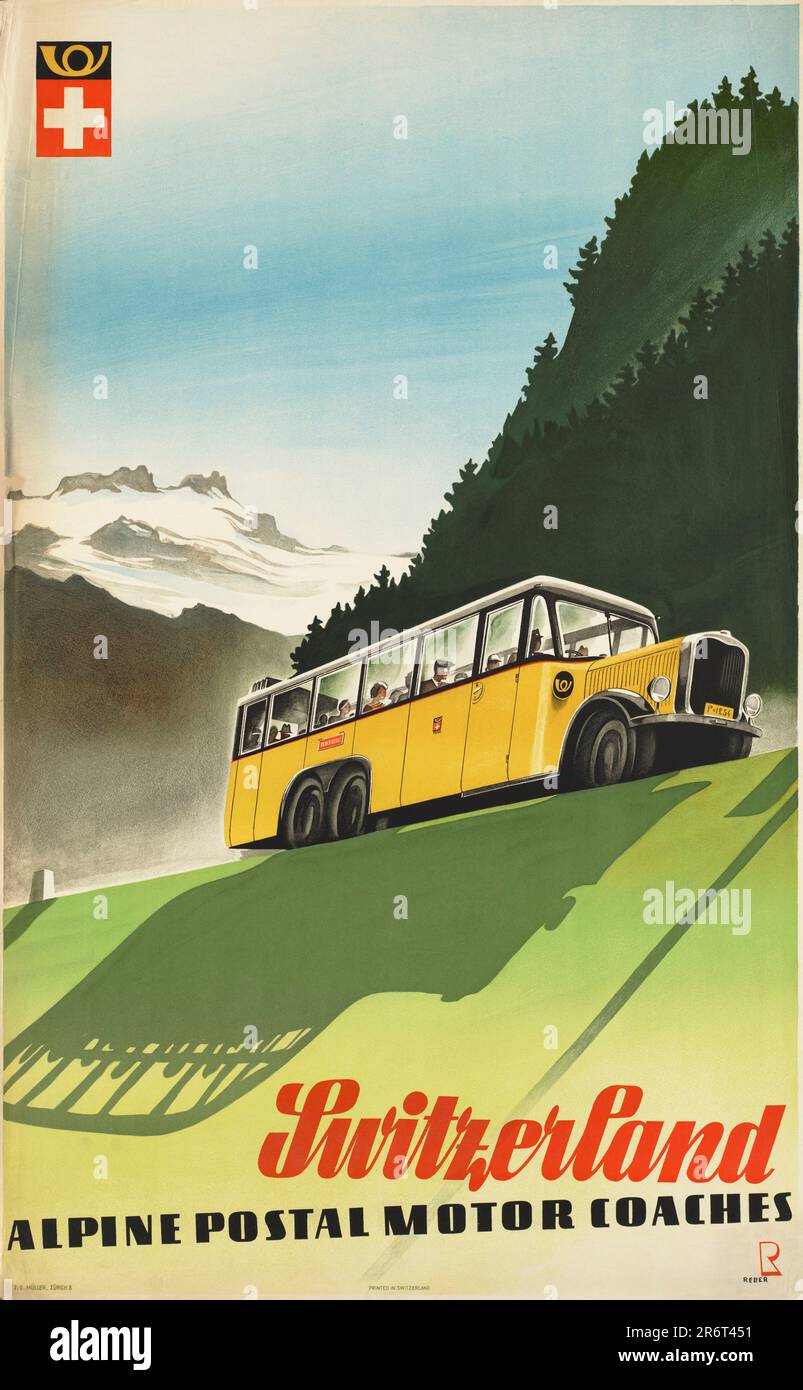 Die Schweiz. Alpine Postkutschen. Museum: PRIVATE SAMMLUNG. Autor: Bernhard Reber. Stockfoto