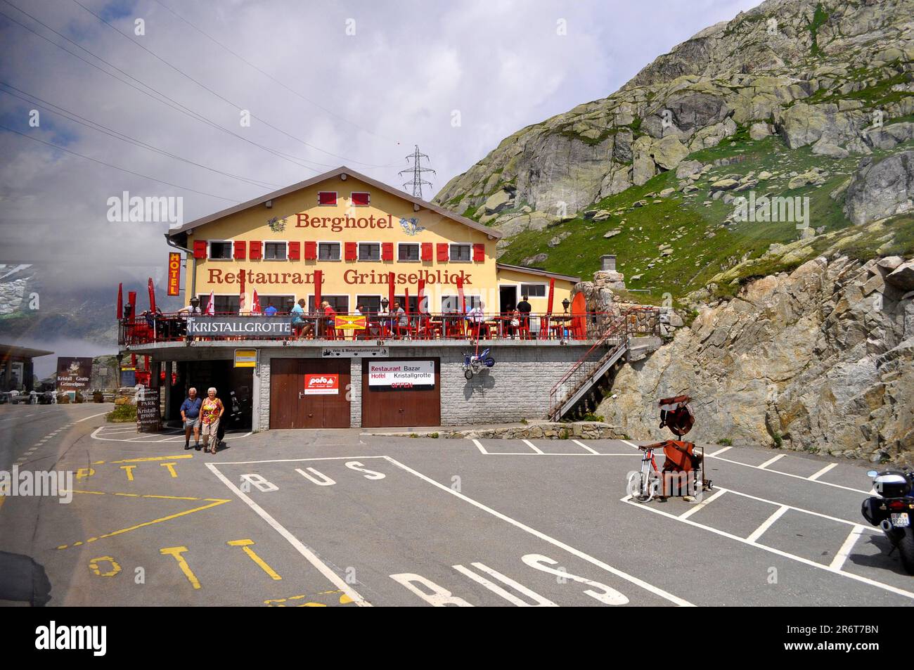 Am Grimsel Pass, Hotel Grimselblick, Restaurant Grimselblick, Grimsel Passhoehe Stockfoto