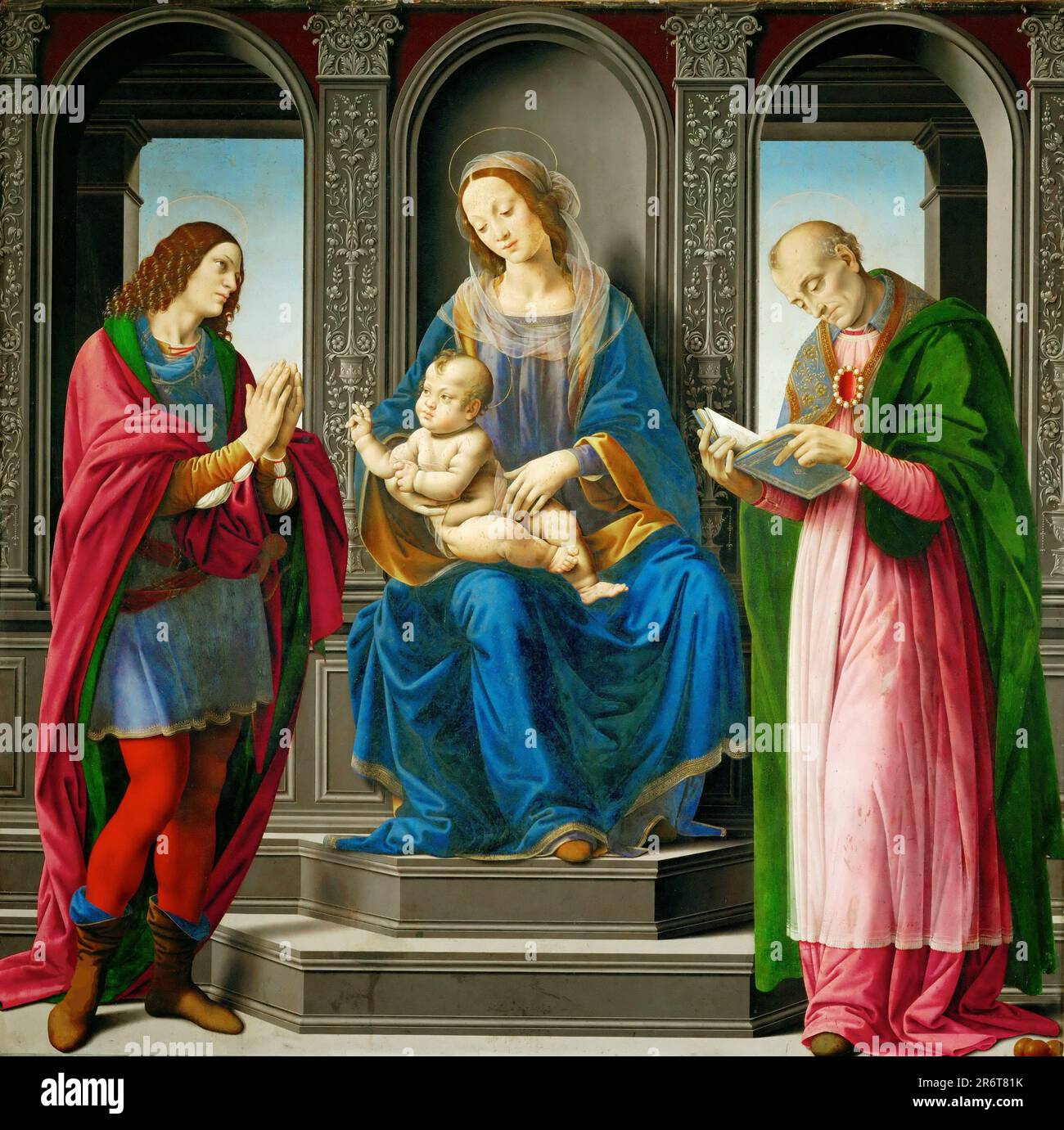 Madonna und Kind mit St. Julian und St. Nikolaus. Museum: Musée du Louvre, Paris. Autor: Lorenzo di Credi. Stockfoto