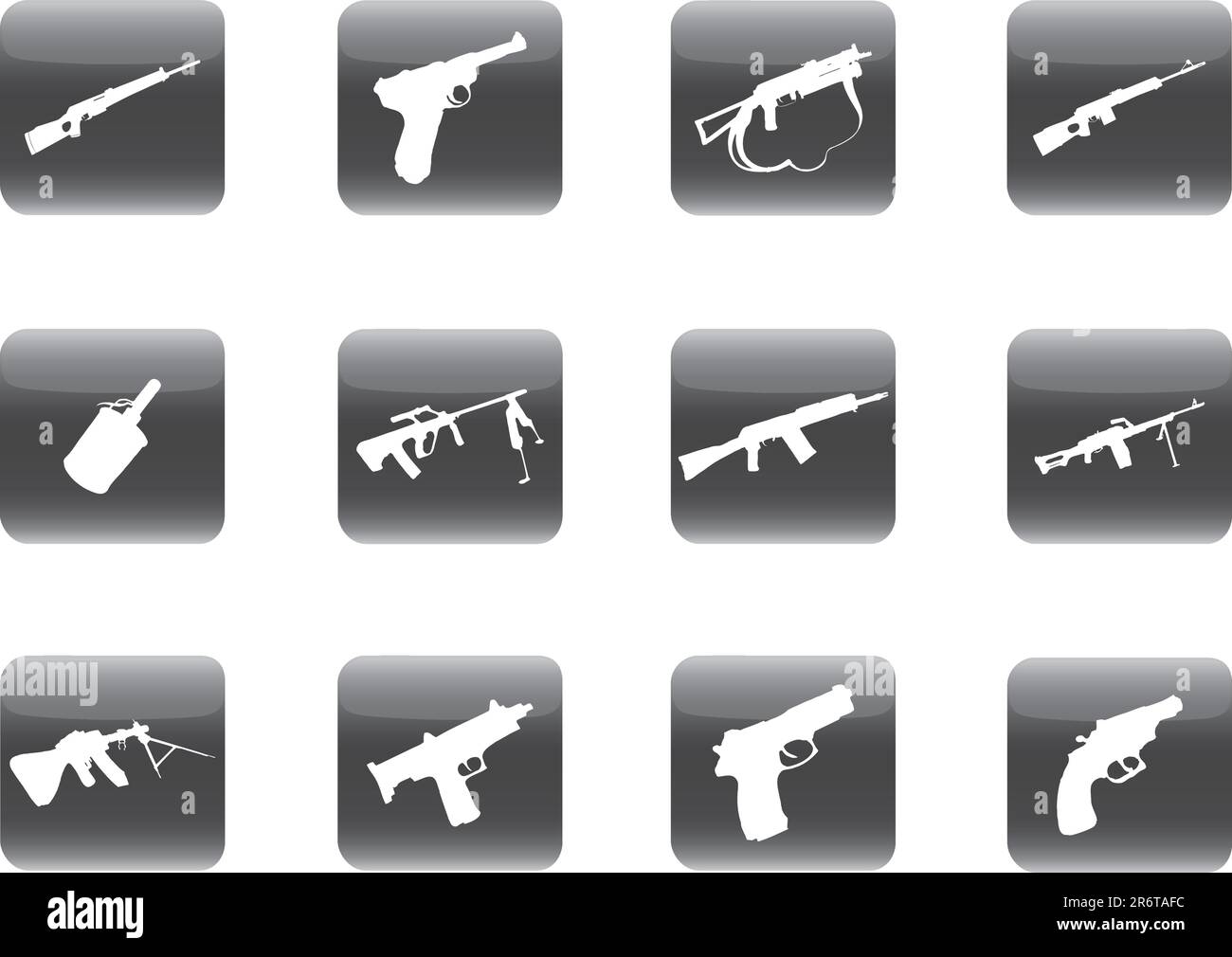 Waffen. Satz von 12 runden Vektorschaltflächen für die Bahn Stock Vektor