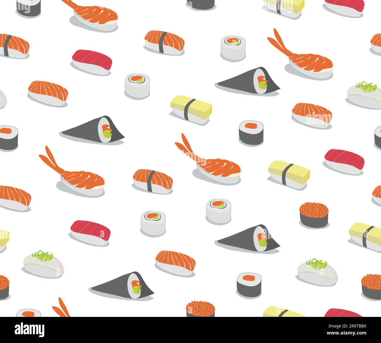 Vektor-Hintergrund-Illustration von verschiedenen Arten von Sushi im kultigen Stil. Retro-Seamless Pattern. Stock Vektor