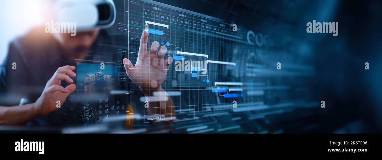 Industrie Transport, Logistik der Zukunftsorientierung. Metaverse Technologie. Manager-Ingenieur verwenden VR Virtual-Reality-Brille zur Analyse und Steuerung des logistischen Netzwerks Stockfoto