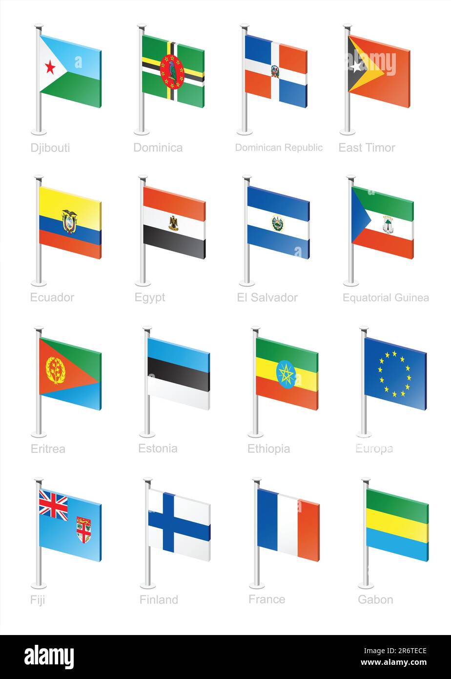 Dschibuti, Dominica, Dominikanische Republik, Osttimor, Ecuador, Ägypten, El Salvador, Äquatorialguinea, Eritrea, Estland, Äthiopien, Europäische Union, Fidschi... Stock Vektor