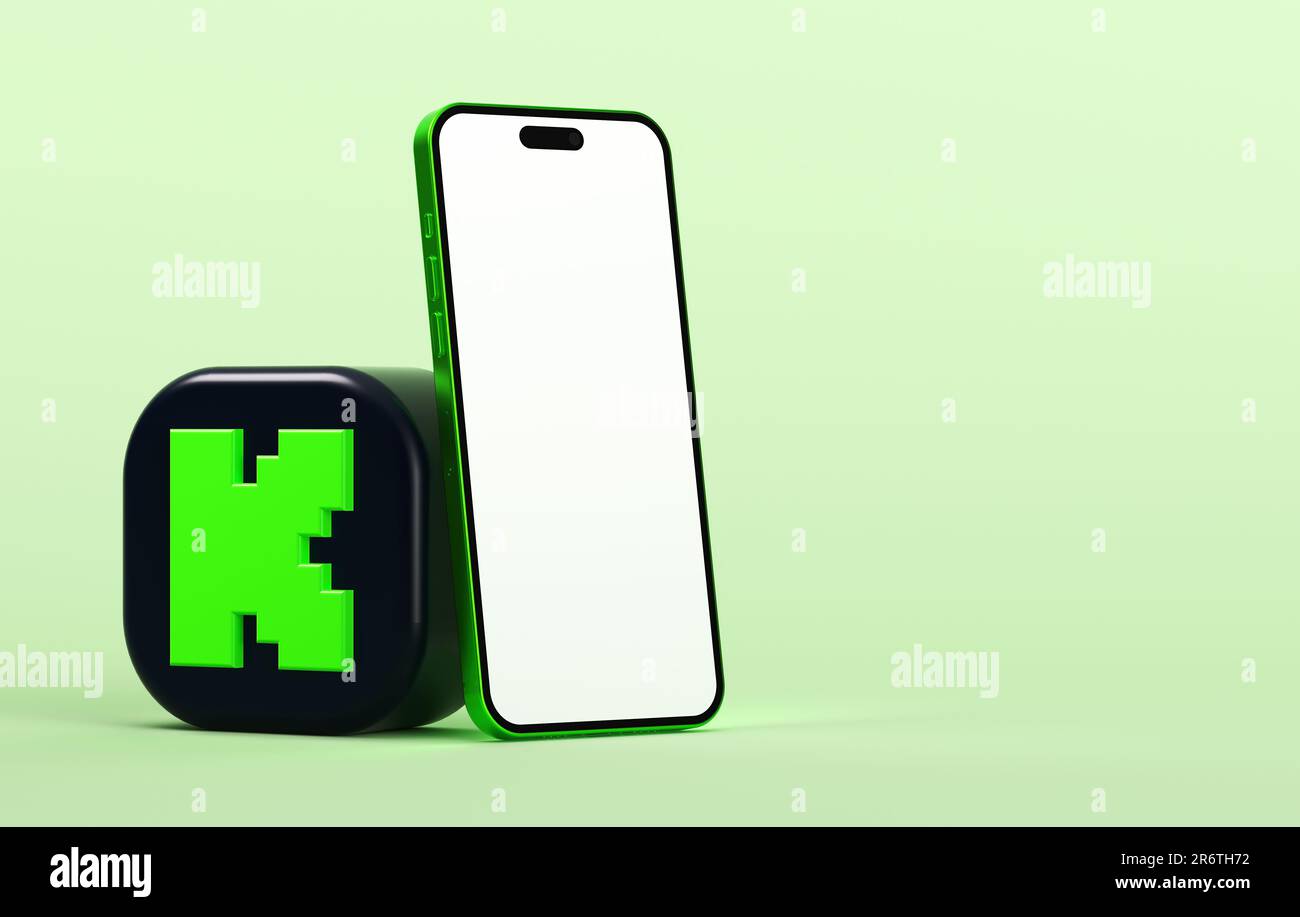 Valencia, Spanien - Juni 2023: Kick-App-Symbol mit Mobiltelefonmodell isoliert auf grünem Hintergrund im 3D-Rendering. Kick ist ein neues Live-Streaming und Stockfoto