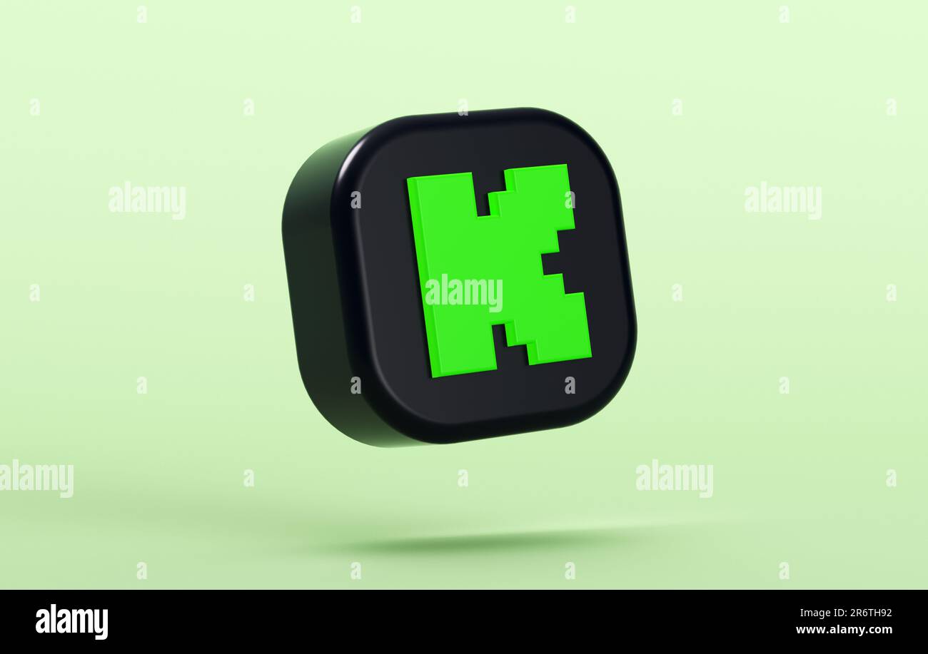 Valencia, Spanien - Juni 2023: Isoliertes Kick-App-Symbol auf grünem Hintergrund im 3D-Rendering. Kick ist eine neue Live-Streaming- und Videoplattform AS Stockfoto