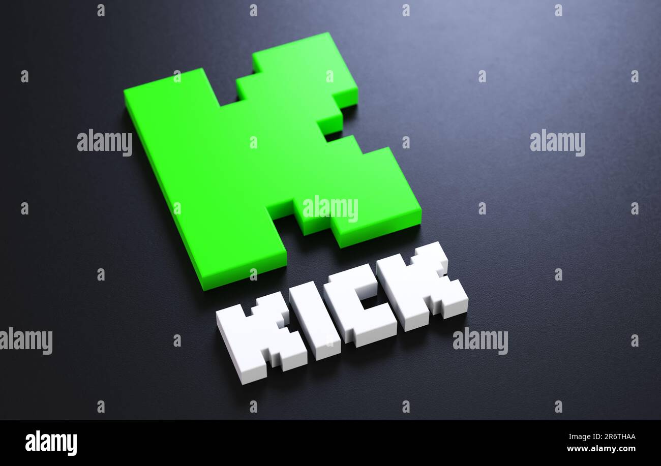 Valencia, Spanien - Juni 2023: Kick-Logo isoliert auf dunklem Hintergrund und Kopierbereich im 3D-Rendering. Nahaufnahme des Kick Streaming App-Symbols. Kick ist ein n Stockfoto