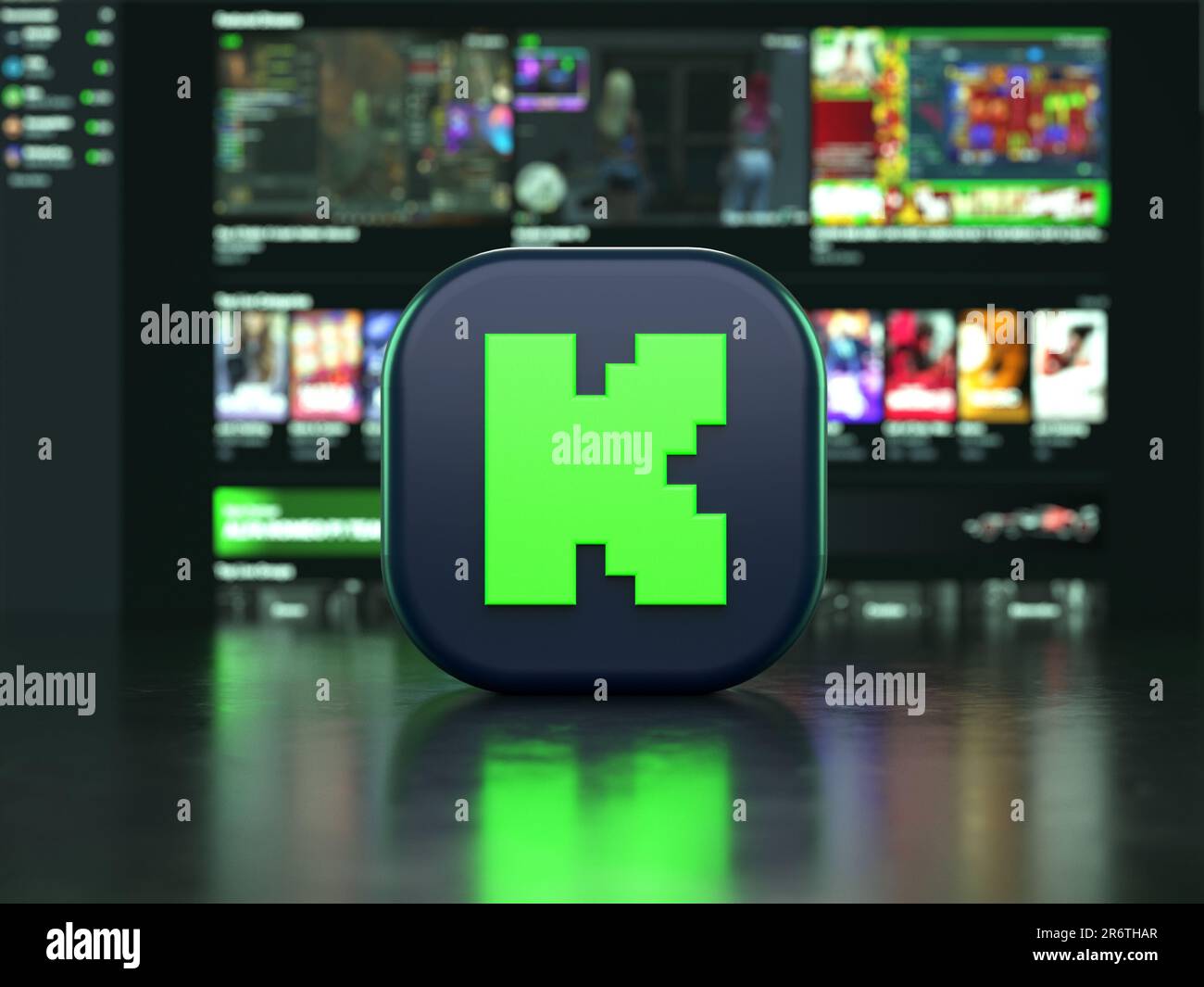 Valencia, Spanien - Juni 2023: Treten Sie das App-Logo vor einen Bildschirm mit der Benutzeroberfläche für 3D-Rendering. Kick ist eine neue Live-Streaming- und Videoplattform als Stockfoto