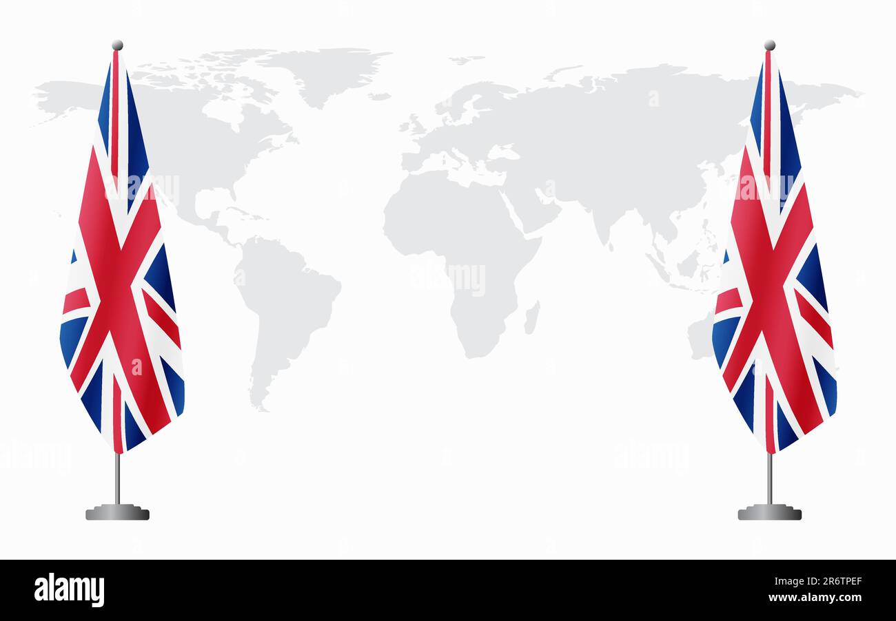 Flaggen des Vereinigten Königreichs und des Vereinigten Königreichs für eine offizielle Tagung vor dem Hintergrund der Weltkarte. Stock Vektor