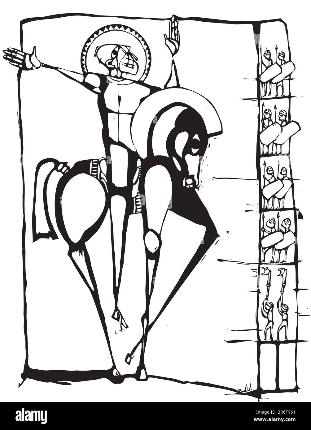 Holzschnitt-stilisiertes Bild eines Mannes auf einem Pferd. Stock Vektor