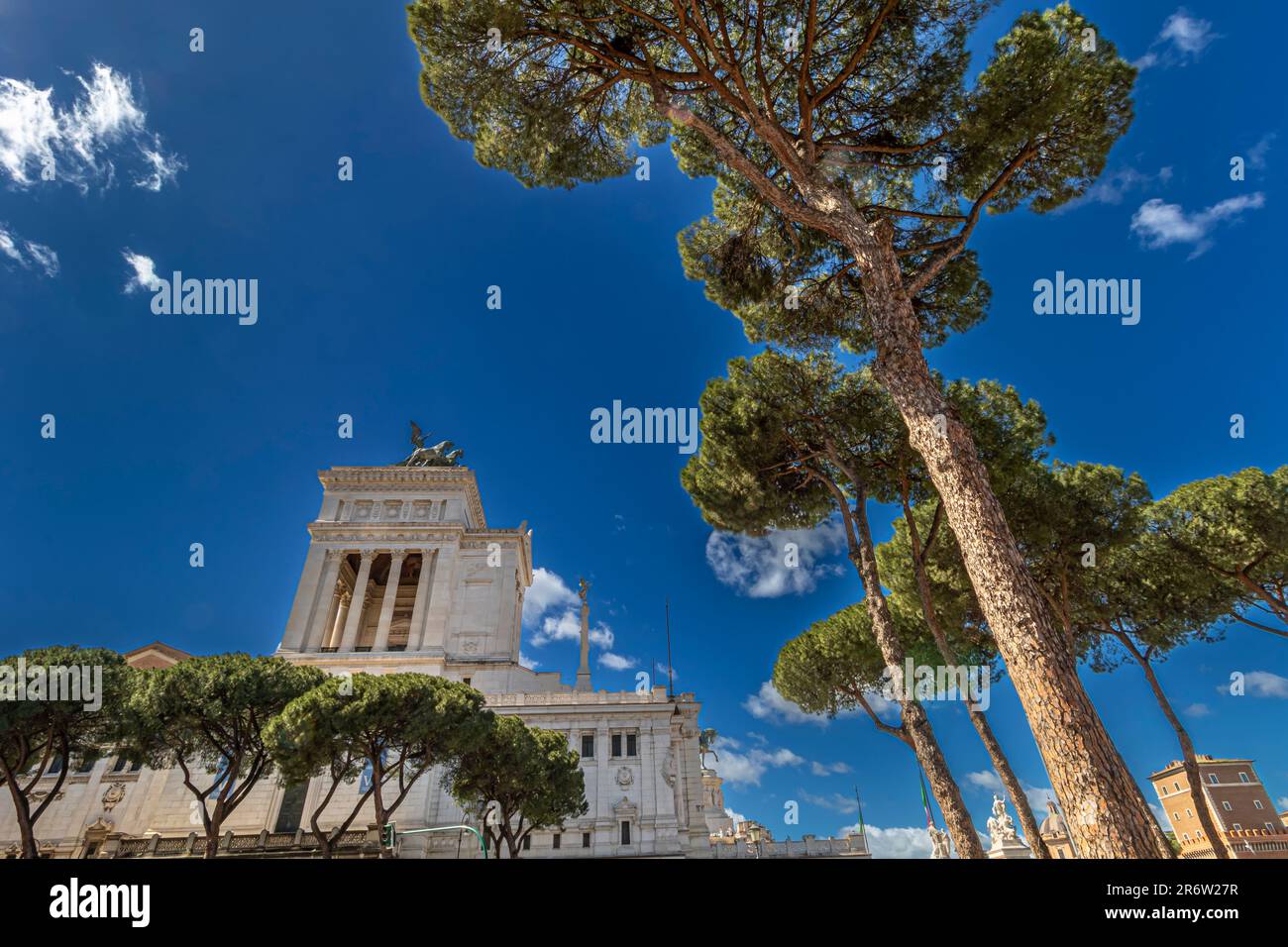 Das Victor Emmanuel II. Denkmal zwischen Steinkiefern (Pinus pinea) in Rom, Italien Stockfoto
