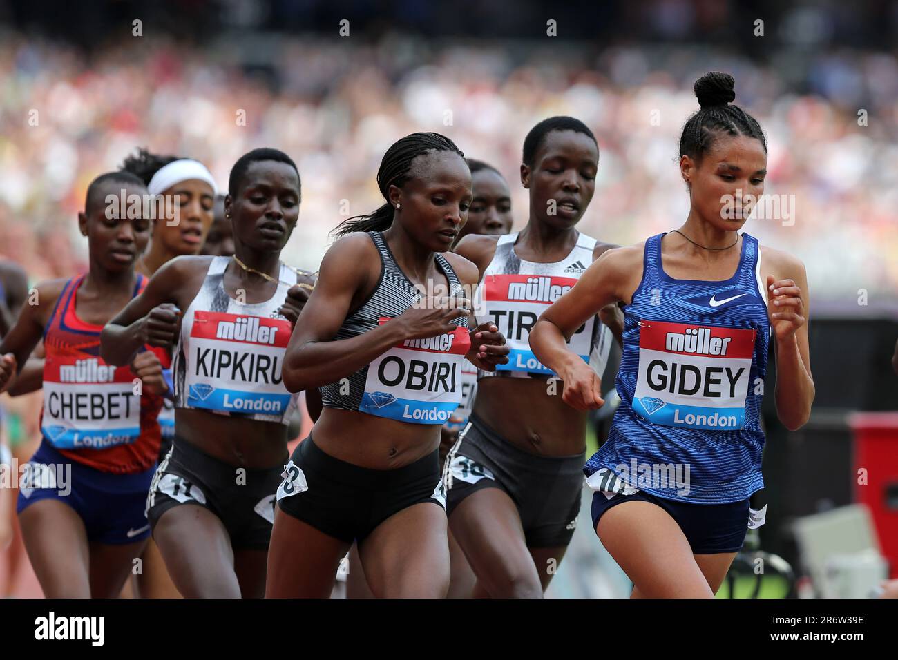 Hellen OBIRI (Kenia), Agnes Jebet TIROP (Kenia), Caroline Chepkoech KIPKIRUI (Kenia), Beatrice CHEBET (Kenia), Letesenbet GIDEY (Äthiopien), die beim 5000m. Finale der Frauen im 2019. Quartal teilnehmen, IAAF Diamond League, Jubiläumsspiele, Queen Elizabeth, Olympiapark, London, Stratford, Großbritannien. Stockfoto