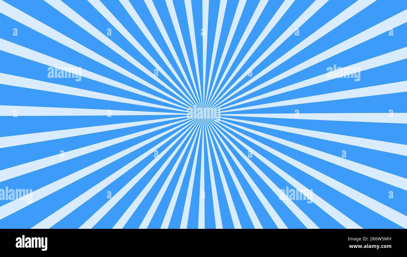 Pop-Art-Retro-Hintergrund mit blauen und weißen Sonnenstrahlen. 3D-Darstellung rendern. Stockfoto