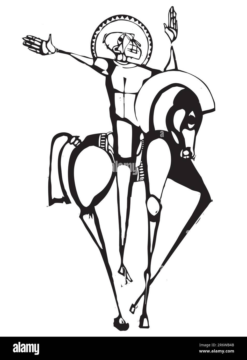 Holzschnitt-stilisiertes Bild eines Mannes auf einem Pferd. Stock Vektor