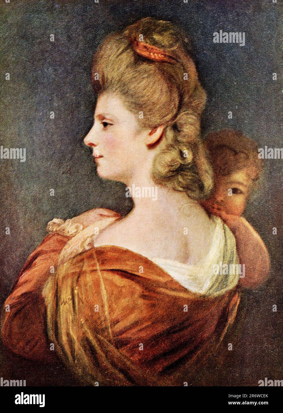 Die Überschrift Anfang 1900er lautet: „Portrait of Lady and Child von Reynolds (1723-1792) in der Nationalgalerie. Dieses Porträt wurde 1871 mit der Peel-Kollektion gekauft und soll die Hon Mrs Musters und ihren Sohn repräsentieren. Die Komposition zeigt Sir Joshua nicht von seiner besten Seite, und das Gemälde ist vielleicht etwas dünn. Die Identität ist nicht sehr eindeutig festgestellt, obwohl die Namen von Herrn und Frau Musters in Sir Joshuas Kontobüchern zu finden sind." Joshua Reynolds (1723-1792) war der führende englische Porträt des 18. Jahrhunderts. Durch das Studium der antiken und italienischen Renaissance-Kunst, an Stockfoto Die Überschrift Anfang 1900er lautet: „Portrait of Lady and Child von Reynolds (1723-1792) in der Nationalgalerie. Dieses Porträt wurde 1871 mit der Peel-Kollektion gekauft und soll die Hon Mrs Musters und ihren Sohn repräsentieren. Die Komposition zeigt Sir Joshua nicht von seiner besten Seite, und das Gemälde ist vielleicht etwas dünn. Die Identität ist nicht sehr eindeutig festgestellt, obwohl die Namen von Herrn und Frau Musters in Sir Joshuas Kontobüchern zu finden sind." Joshua Reynolds (1723-1792) war der führende englische Porträt des 18. Jahrhunderts. Durch das Studium der antiken und italienischen Renaissance-Kunst, an Stockfoto