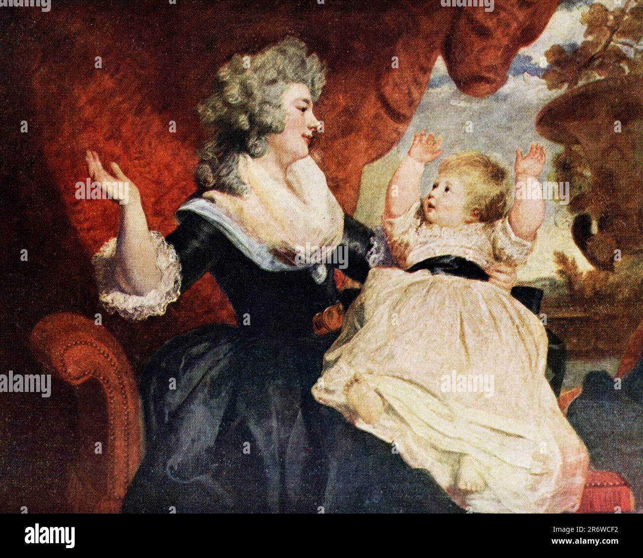 Die Überschrift Anfang 1900er lautet: "Herzogin von Devonshire und Kind von Reynolds. (1723-1792) im Chatsworth House in Derbyshire. Die Komposition gehört heute zu den bewundernswertesten Werken des Meisters." Joshua Reynolds (1723-1792) war der führende englische Porträt des 18. Jahrhunderts. Durch das Studium der antiken und italienischen Renaissance-Kunst und der Werke von Rembrandt, Rubens und Van Dyck brachte er große Vielfalt und würde in die britische Porträt. Stockfoto Die Überschrift Anfang 1900er lautet: "Herzogin von Devonshire und Kind von Reynolds. (1723-1792) im Chatsworth House in Derbyshire. Die Komposition gehört heute zu den bewundernswertesten Werken des Meisters." Joshua Reynolds (1723-1792) war der führende englische Porträt des 18. Jahrhunderts. Durch das Studium der antiken und italienischen Renaissance-Kunst und der Werke von Rembrandt, Rubens und Van Dyck brachte er große Vielfalt und würde in die britische Porträt. Stockfoto