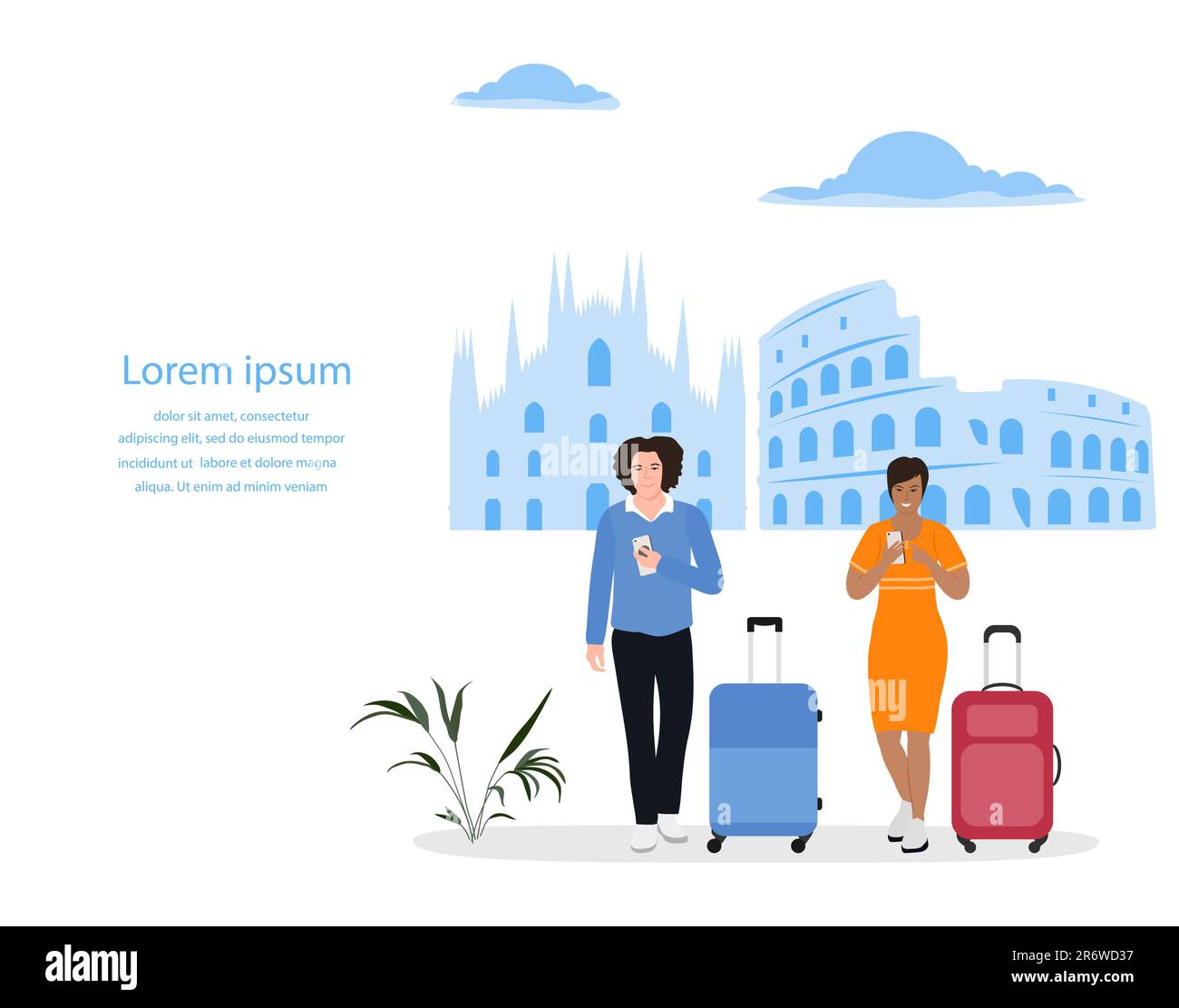 Vektorbildner Mann, Frau mit Koffer, benutzt Handys. Tourist. Die Leute machen Fotos, Selfies. Italien Europa Sommerurlaub. Reisen und Abenteuer Stock Vektor
