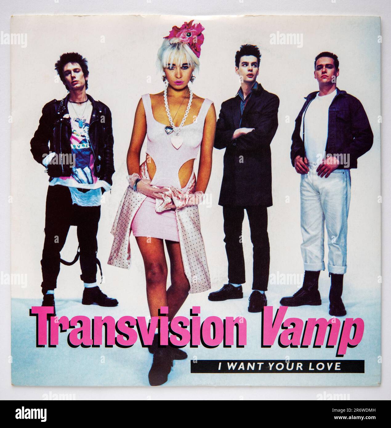 Bildcover der 7-Zoll-Einzelversion von I Want Your Love von Transvision Vamp, die 1988 veröffentlicht wurde. Stockfoto