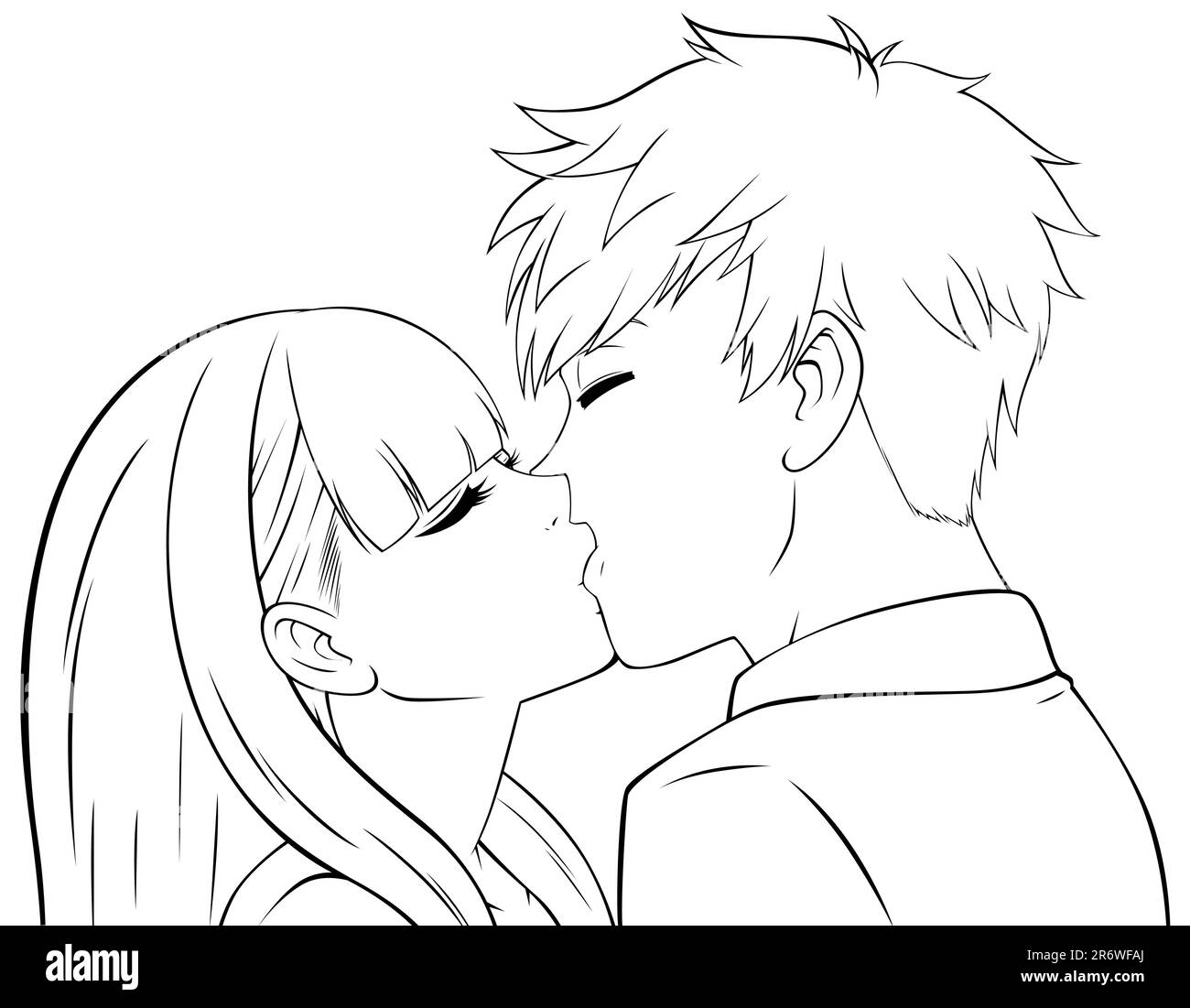 Anime Boy und Girl Kissing Line Art Stock Vektor