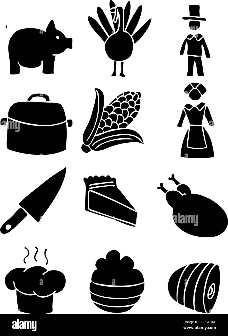 Set von 12 Erntedankfest Icons - schwarz und weiß. Stock Vektor