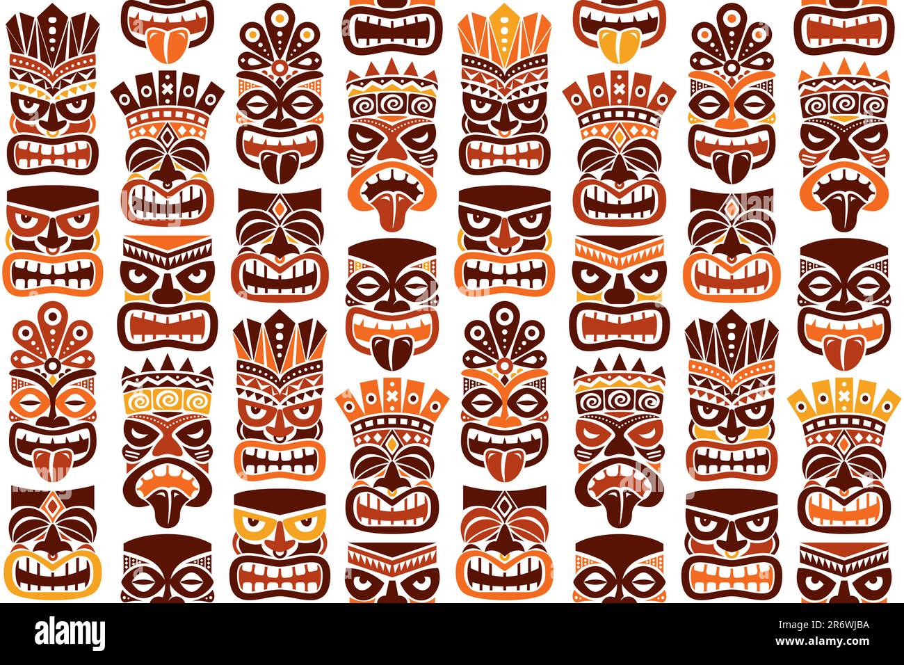 Tiki-Stange Totem-Vektormuster - traditionelle Statue oder Maske, die sich aus Polynesien und Hawaii in Braun und Orange wiederholt Stock Vektor