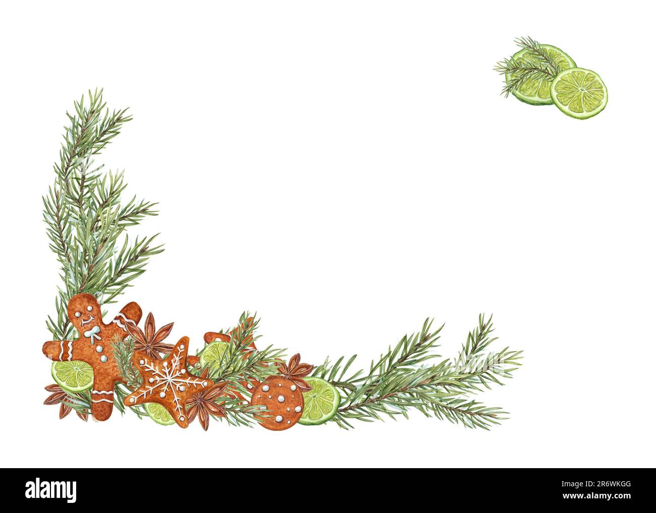 Rahmen aus Aquarell-Weihnachtsbaum, Sternanis, Limettenscheiben, Lebkuchen, isoliert auf Weiß. Illustration für Postkartendesign, Grüße Stockfoto