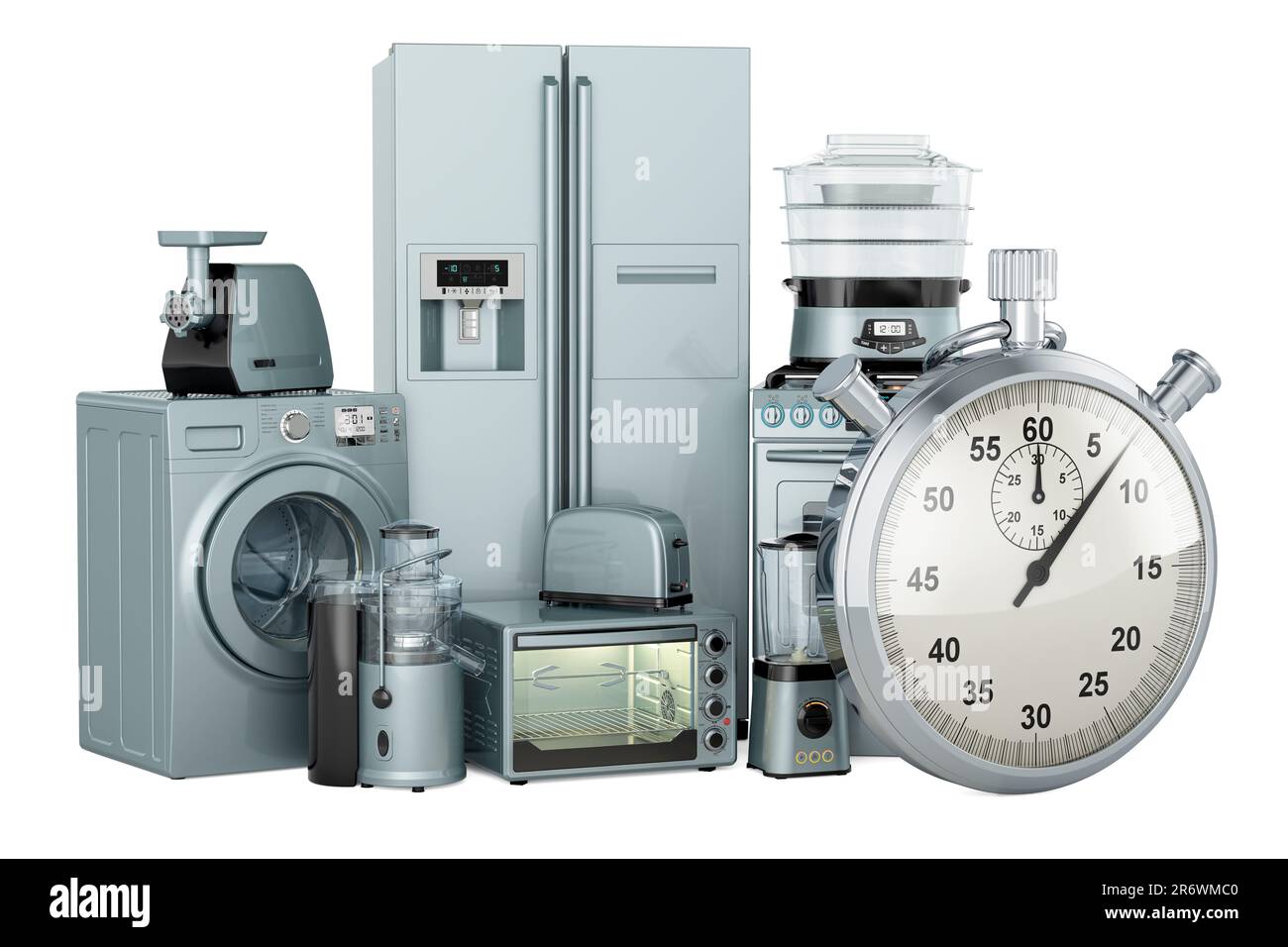 Küchen- und Haushaltsgerät mit Stoppuhr, 3D-Rendering auf weißem Hintergrund isoliert Stockfoto
