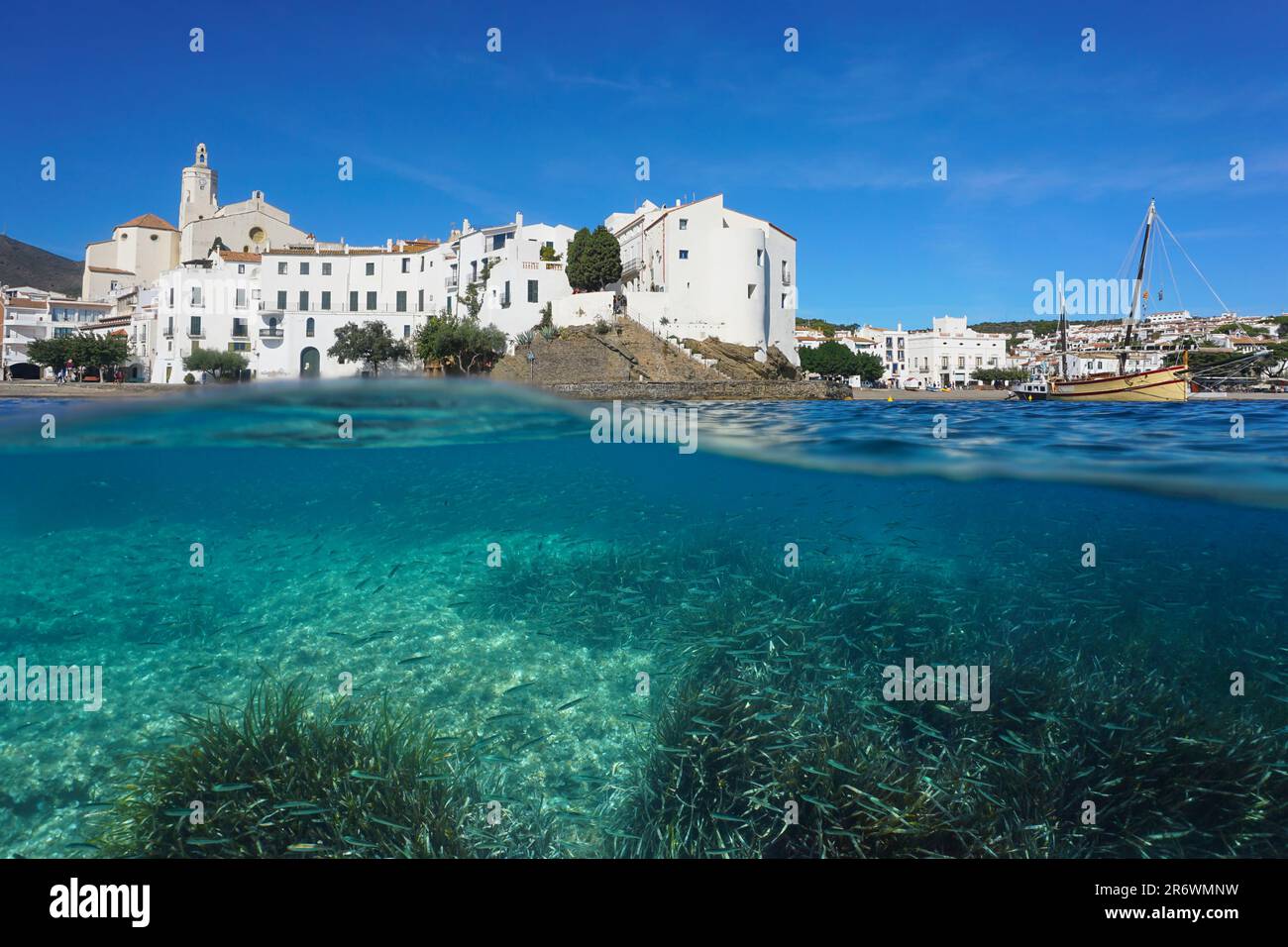 Spanien, Cadaques, touristisches Küstendorf am Ufer des Mittelmeers mit Seegras und Fischen unter Wasser, geteilter Blick über die Unterwasserwelt Stockfoto