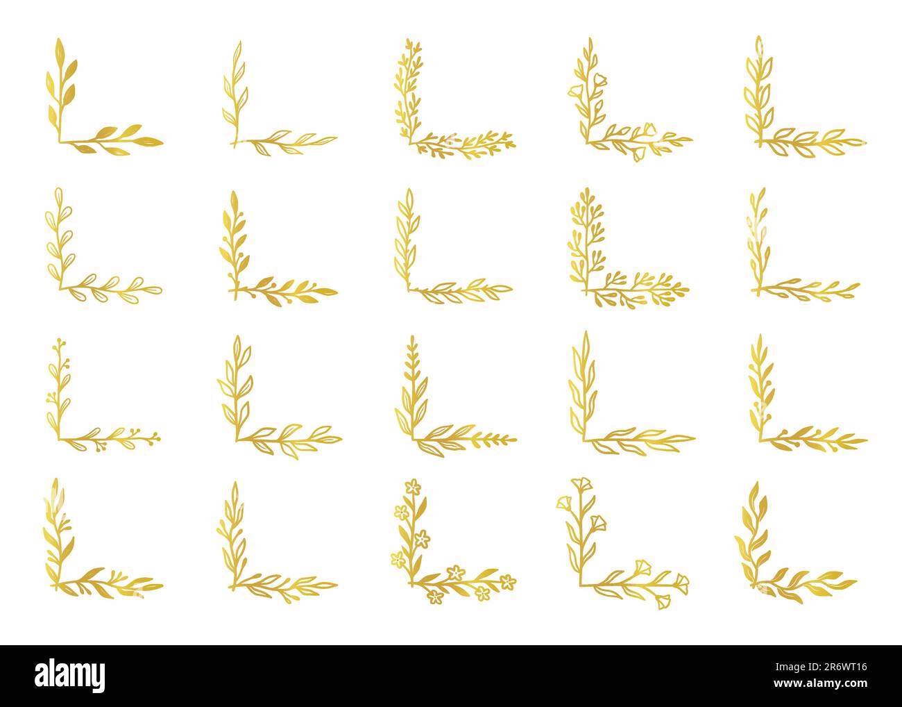 Goldener Eckrand, Blumendesign, Blumenrahmen. Handgezeichnete rustikale Skizze mit goldenen Ecken für Blumenrahmen, blumiges, schickes Muster. Vektordarstellung Stock Vektor