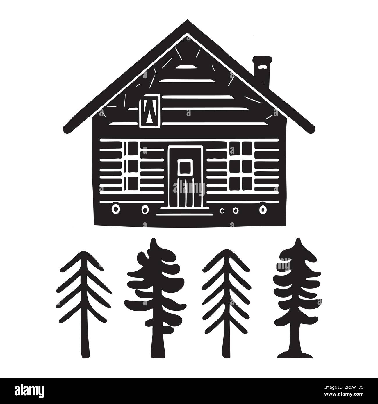 Eine Reihe von Vektordarstellungen für Holzhütten und Tannenbäume. Maskuline Outdoor-Reise im nordischen Linocut-Chalet in skandinavischer Urlaubsgruppe Stock Vektor