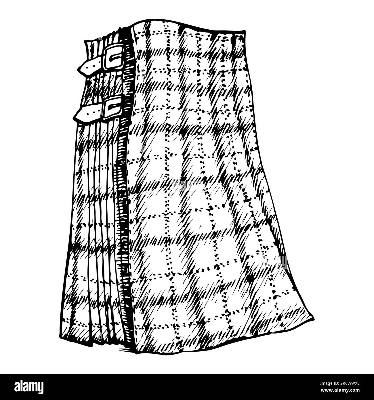 Mit Tinte von Hand gezeichnete Vektorskizze eines isolierten Objekts. Traditionelle schottische Herrenbekleidung, Plisseedetail aus Wolle, Schottentuch Kilt. Design für Tourismus, Reisen Stock Vektor
