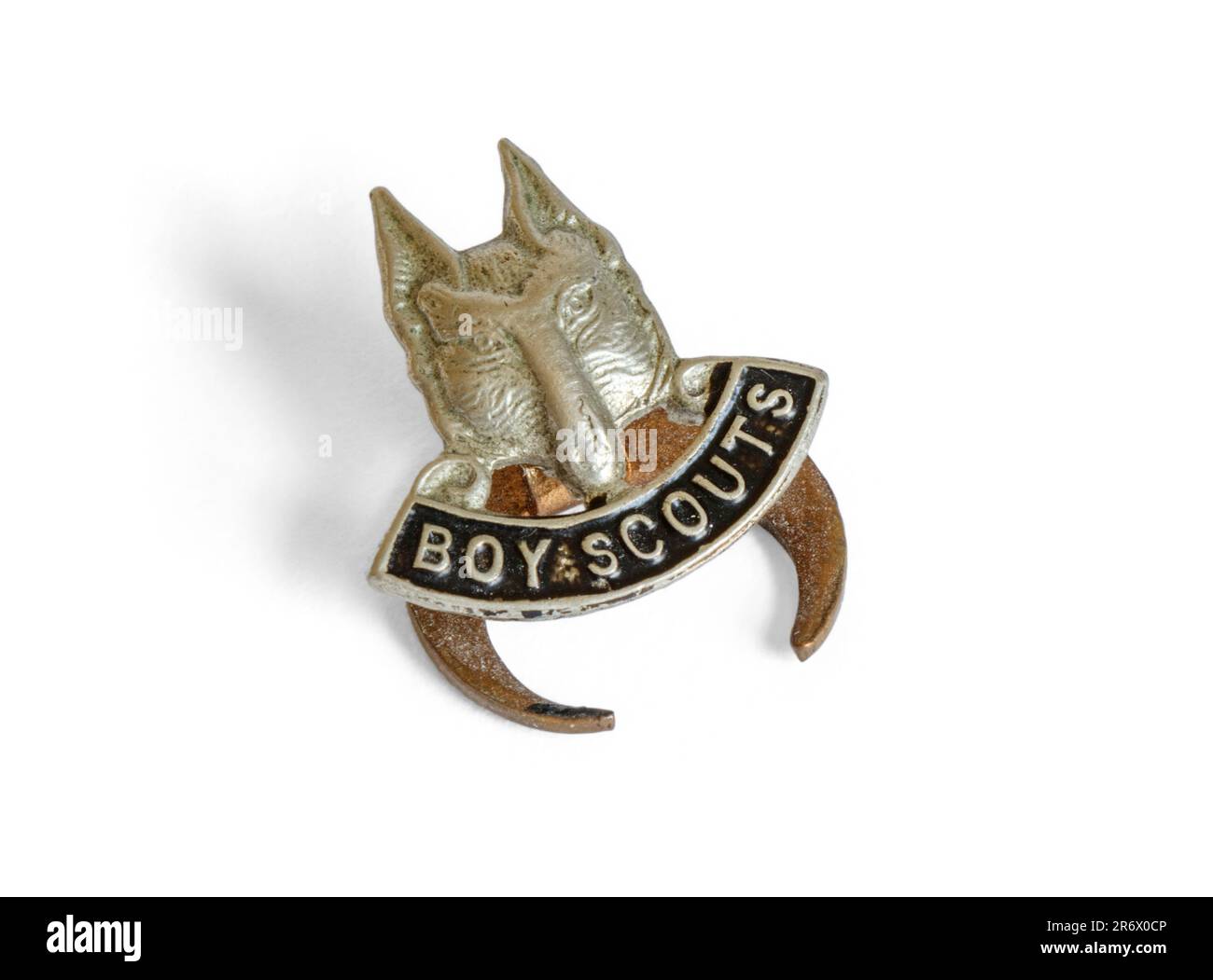 Das Metal Boy Scouts-Abzeichen aus dem späten 1950er. Jahrhundert zeigt den Kopf des symbolträchtigen Wolfs isoliert auf weißem Hintergrund in Großbritannien Stockfoto