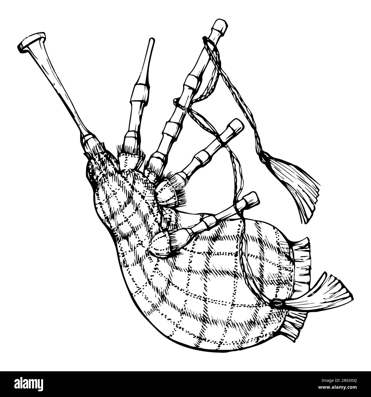 Mit Tinte von Hand gezeichnete Vektorskizze eines isolierten Objekts. Schottisches Symbol, Schottenmuster, traditionelles schottisches Dudelsackmusikinstrument. Design für den Tourismus Stock Vektor