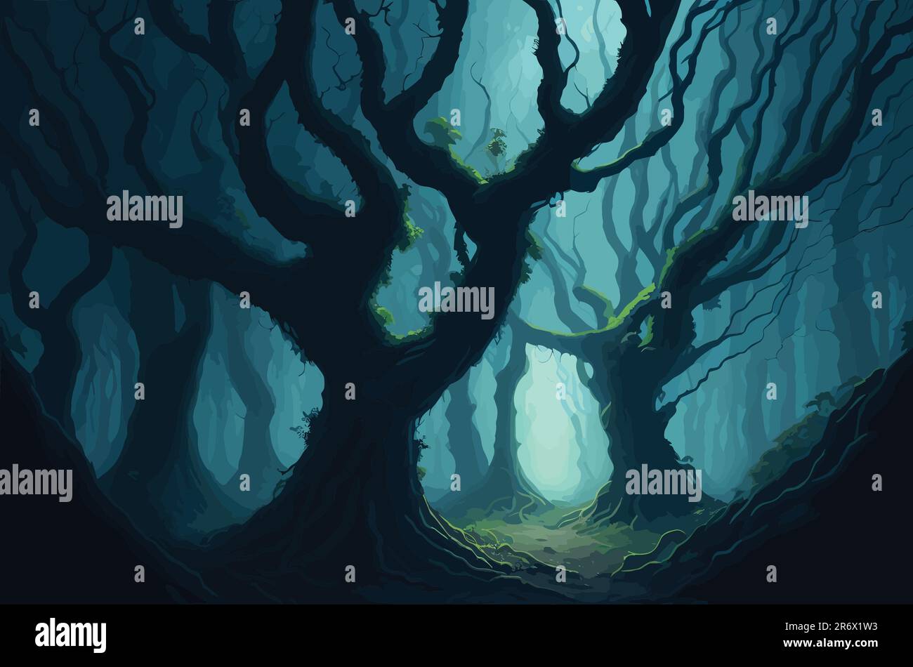Ein mystischer, nebelbedeckter Wald mit antiken Bäumen, die von Reben, weichen Sonnenstrahlen, die durch die Baumkronen dringen, und ätherischen Kreaturen umgeben sind Stock Vektor