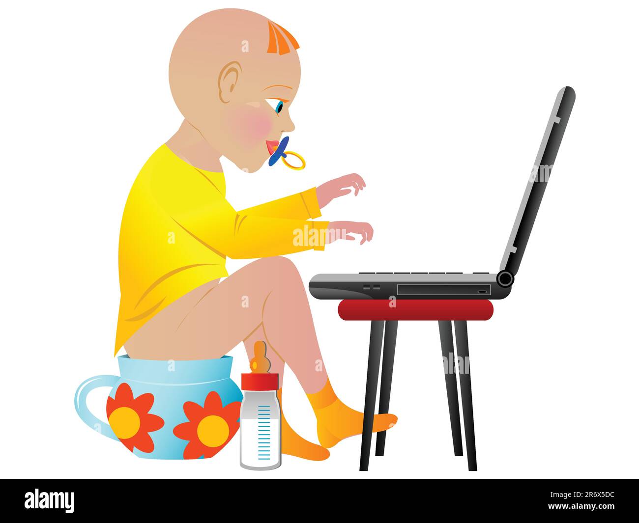 Das Baby, das Wunderkind, arbeitet auf einem Notizbuch, das auf einem Nachttopf in einem Vektor sitzt Stock Vektor