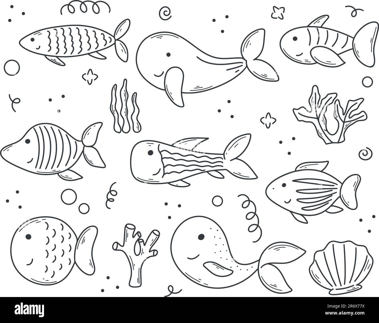 Süßes handgezogenes Seefisch- und Seetang-Set. Kinderfilmfiguren mit Tinte und Skizzen. Einfache Umrisse der Unterwasserwelt, Vektor Stock Vektor
