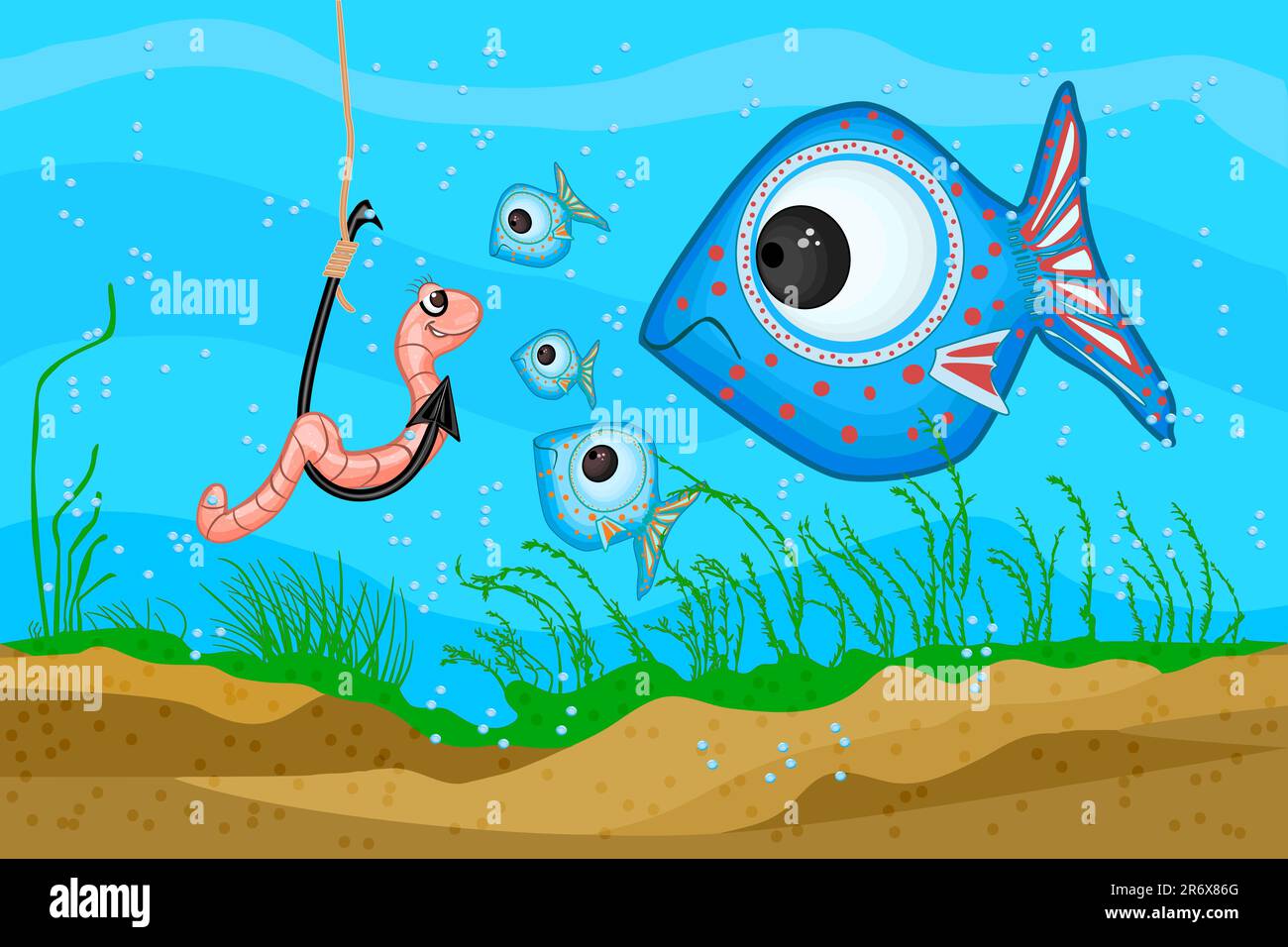 Wurm am Haken und Fisch unter Wasser. Regenwürmer und Fische schwimmen unter Wasser.Köder locken Fische während des Fischens in Fluss, See oder Meer.Vektordarstellung Stock Vektor