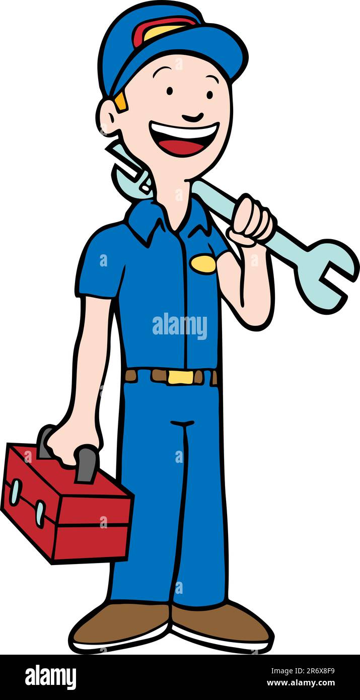 Professionelle Handwerker-Cartoon-Figur mit Handwerkszeug. Stock Vektor