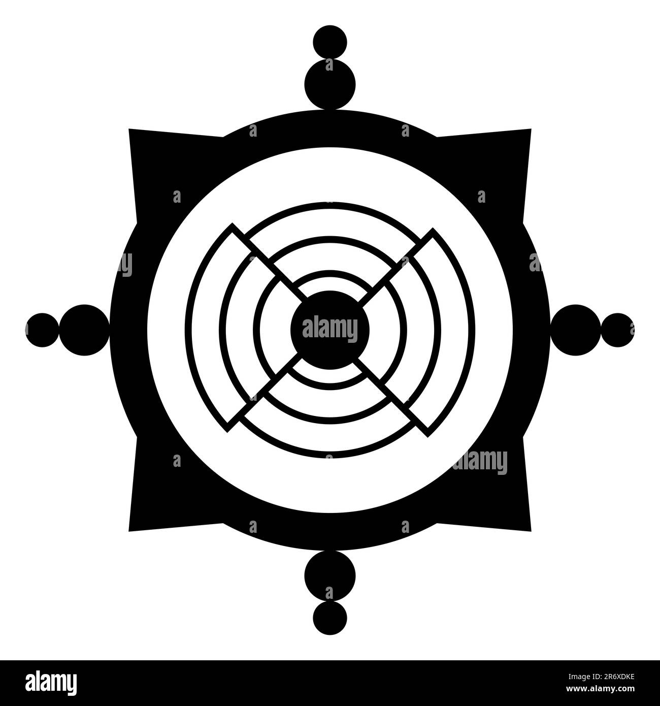Großes Quadrat mit leicht eingerückten Seitenlängen, mit einem Kreis und 8 kleineren Kreisen um den Kreisrand. In der Mitte ein Funkwellensymbol. Stockfoto