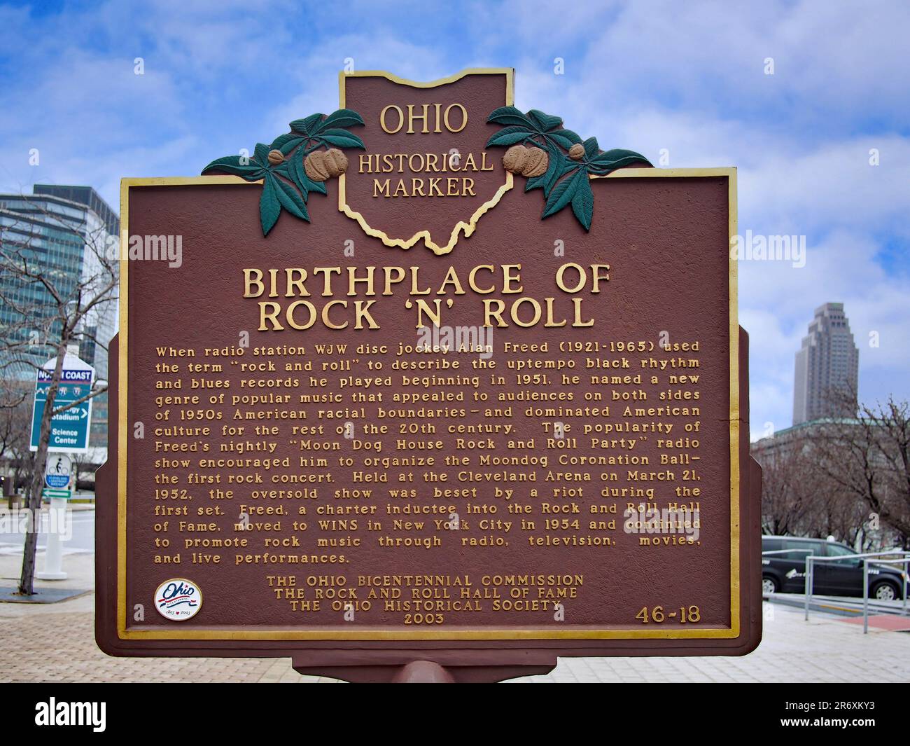 Historischer Marker für die Erfindung der Rock and Roll Hall in Cleveland Stockfoto